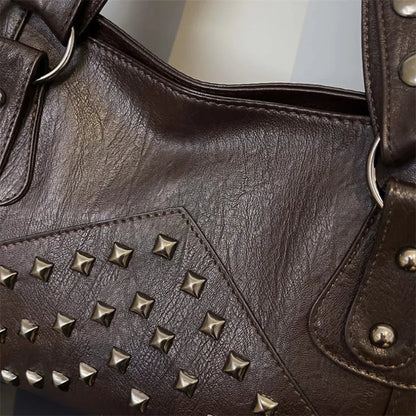 Rivet Punk Large Capacity Handbags Top Quality Sturdy Soft Leather Casual Tote Bag Shoulder Crossbody Bags Daily Commute Travel