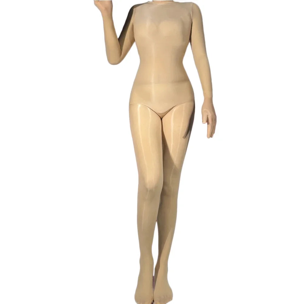 Sexy Women Five Fingers Glove Sleeve Bodysuit One Pieces Seamless Silky Oil Shiny Glossy Tights Pantyhose Yoga Shaping Jumpsuits