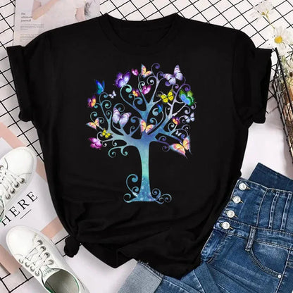 New Fashion Women T-shirt Colorful Butterfly Petal Print Short Sleeve and Round Neck Cute Graphic Tee Shirts Female Tops Clothin