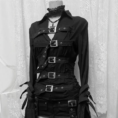 Dark Y2K subculture black shirt women's gothic high street metal buckle belt long sleeved slim fit top spicy girl Korean punk sh
