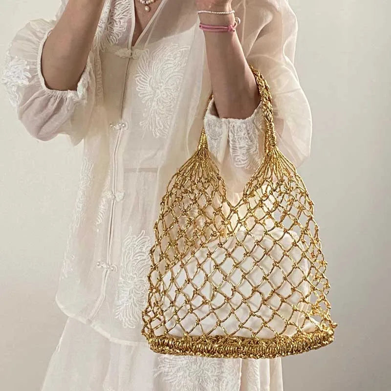 Hylhexyr Ins New Solid Color Gold and Silver Thread Handmade Weaving Bag Bucket Shaped Fashion Handbag Beach Bags