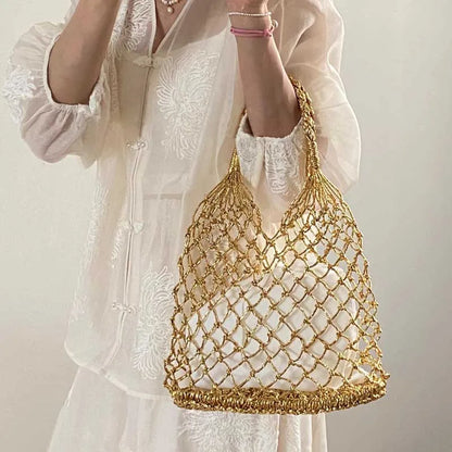 Hylhexyr Ins New Solid Color Gold and Silver Thread Handmade Weaving Bag Bucket Shaped Fashion Handbag Beach Bags