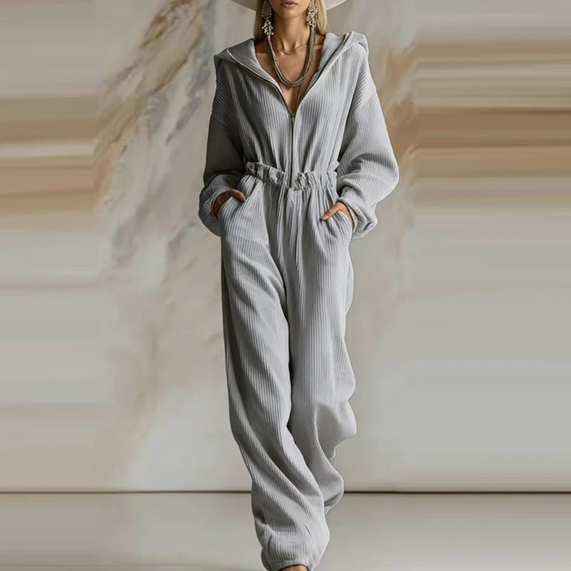 Elegant Ribbed Hooded Playsuit Overalls Women Fashion Zipper Hight Waist Long Jumpsuits Casual Long Sleeve Pocket Party Rompers