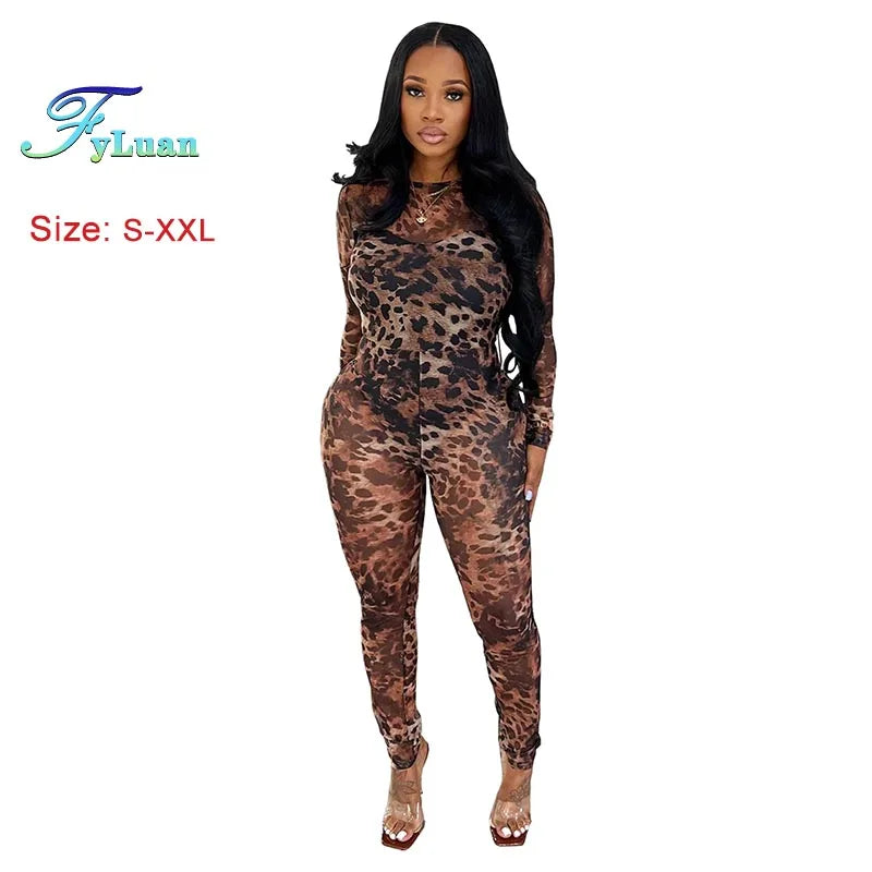 Sexy Bodycon Jumpsuits Women Clothes Leopard Mesh Print Semi Perspective Jump Suit Long Sleeve Bodysuit Nightclub Club Clothes