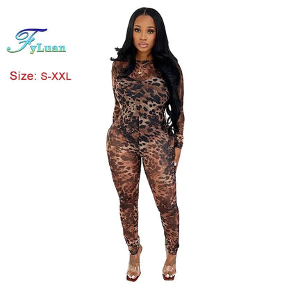 Sexy Bodycon Jumpsuits Women Clothes Leopard Mesh Print Semi Perspective Jump Suit Long Sleeve Bodysuit Nightclub Club Clothes