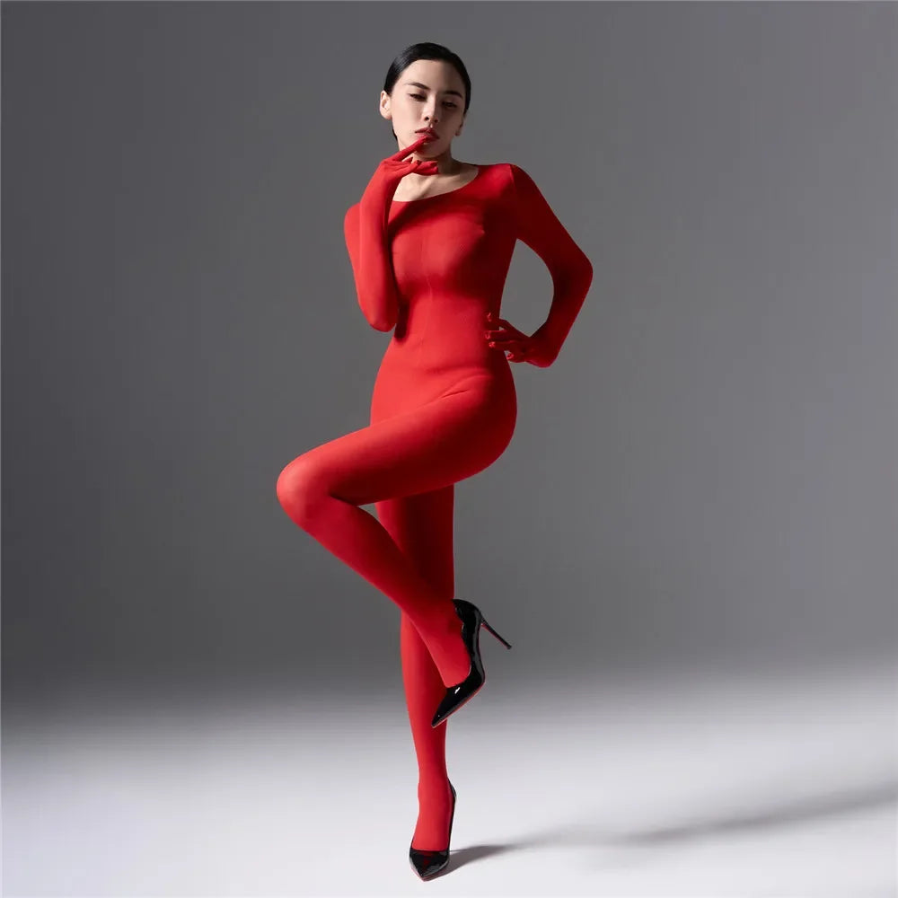 Sexy Women's Warm Full Body Bodysuit High Elastic Shaping Exotic Tights Sheer Cosplay Maid Leotard Long Sleeves Glove Jumpsuits