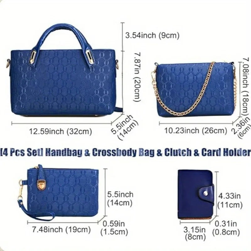 4 Pcs Women Handbag Set Embossed Pattern PU Leather Tote Bags Fashion Chain Shoulder Crossbody Bag Ladies Wallet Card Holder Purse With Bear Pendant Daily Shopping Handbags