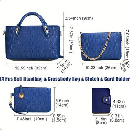 4 Pcs Women Handbag Set Embossed Pattern PU Leather Tote Bags Fashion Chain Shoulder Crossbody Bag Ladies Wallet Card Holder Purse With Bear Pendant Daily Shopping Handbags