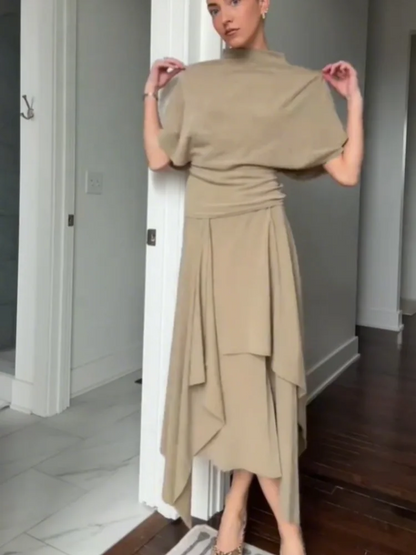 Fashion Elegant Casual Top Skirt Sets High Neck Loose Crop Shirt Irregular Pleated Hem Long Skirt 2026 New Lady Commuter Outfits