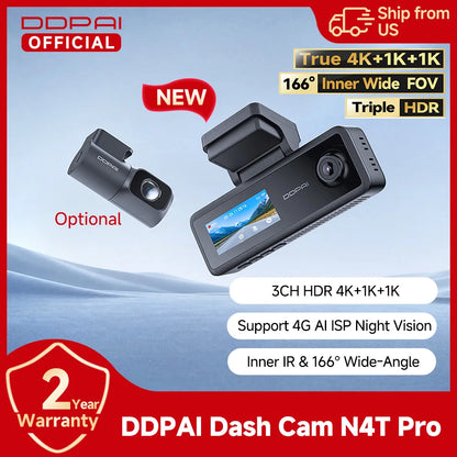 New DDPAI N4T Pro 4K+1K+1K Triple Dash Cam NightVIS 2.0 AI ISP Wi-Fi 6 ADAS GPS 4G Ready 24 7 Parking Monitoring Collision Wake Up Car DVR