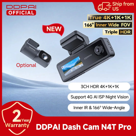 New DDPAI N4T Pro 4K+1K+1K Triple Dash Cam NightVIS 2.0 AI ISP Wi-Fi 6 ADAS GPS 4G Ready 24 7 Parking Monitoring Collision Wake Up Car DVR