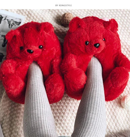 Cute Teddy Bear Plush Winter Slippers, Wrapped Heel Funny Indoor Floor Shoes, Women Gift, Warm Soft Cartoon Fluffy Animal Slippe