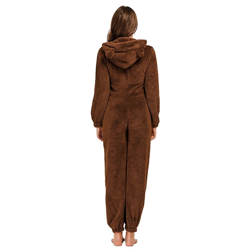 Women's Fleece Oneseies Zip Up Hooded Pajamas Rompers Cozy Sleepwear Pyjamas Autumn Winter Warm Loungewear Jumpsuit