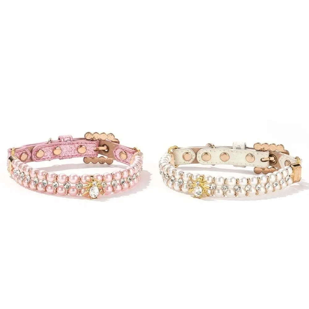 Adjustable Dog Cat Pearl Collars Rhinestone Bling Crystal Cat Necklace Luxury Jewelry PU Neck Strap for Small Dogs for Kitten