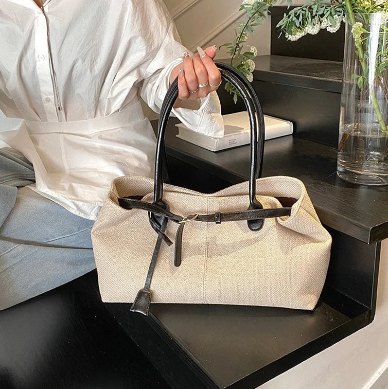 CLAREGQI  Women's Large Capacity Canvas Tote Bag, Leather Handle Shoulder Underarm Bag, Versatile Casual Commuter & Travel Handb