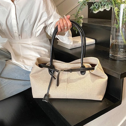 CLAREGQI  Women's Large Capacity Canvas Tote Bag, Leather Handle Shoulder Underarm Bag, Versatile Casual Commuter & Travel Handb
