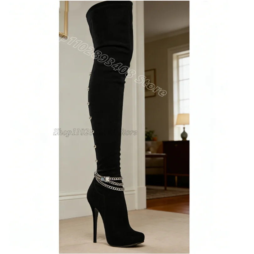 White Chain Rivet Decor Boots Solid Side Zipper British Style Dress New Stylish Women Sexy Over Knee Boots Zapatos Para Mujere