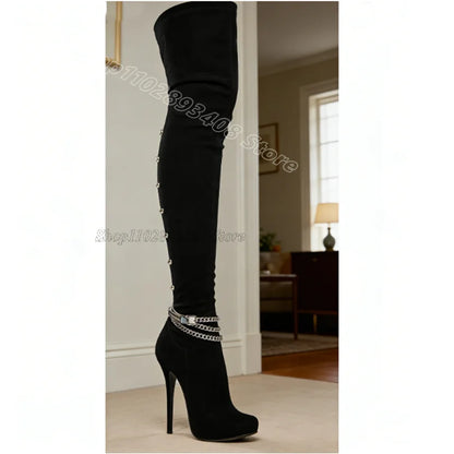 White Chain Rivet Decor Boots Solid Side Zipper British Style Dress New Stylish Women Sexy Over Knee Boots Zapatos Para Mujere