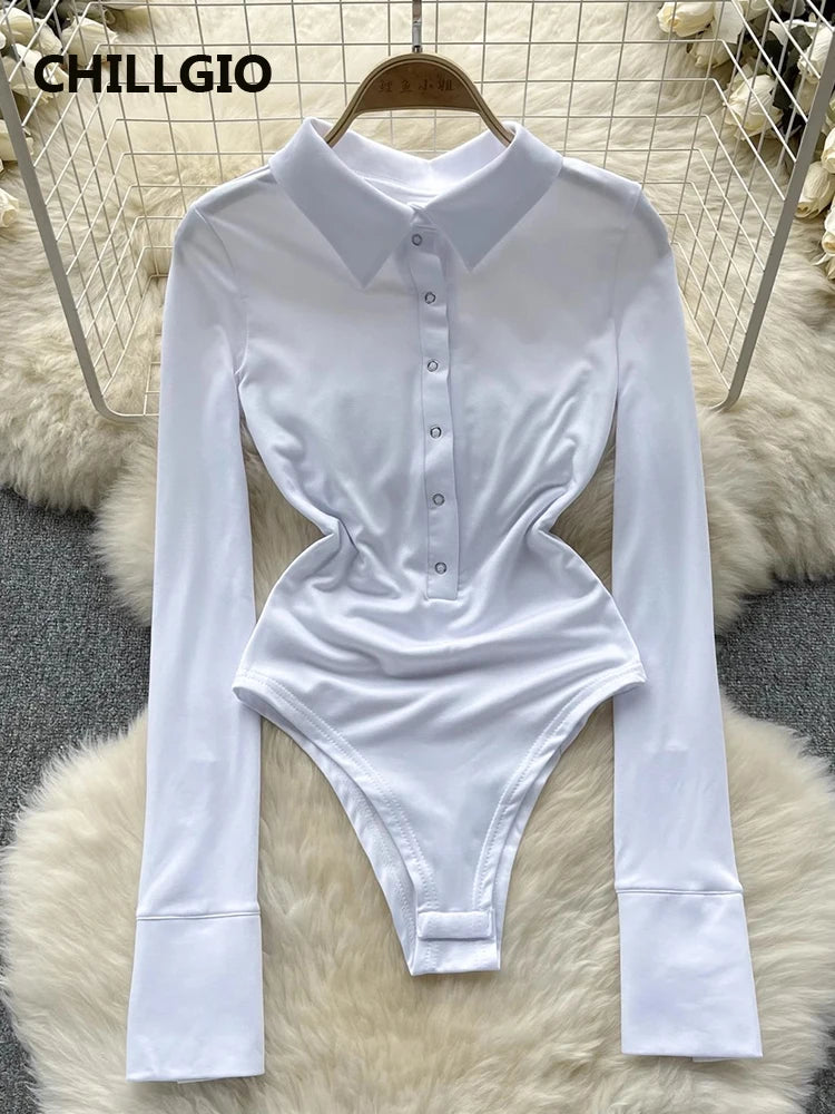 CHILLGIO Women Turn-down Collar Button Rompers Fashion Slim One Piece Combination Tights Autumn Long Sleeve Solid Tight Bodysuit