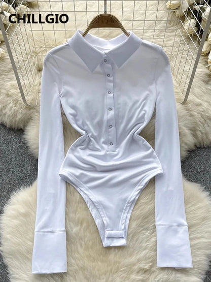 CHILLGIO Women Turn-down Collar Button Rompers Fashion Slim One Piece Combination Tights Autumn Long Sleeve Solid Tight Bodysuit