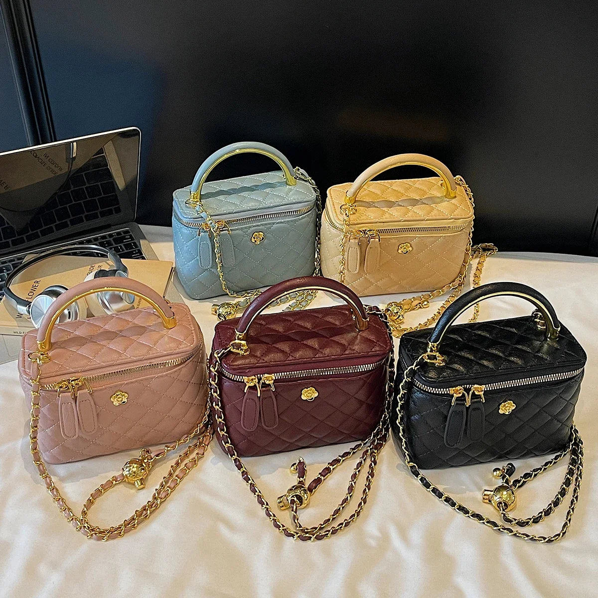 Women Luxury Shoulder Bag Diamond Quilted Metal Flower Accent Large Capacity Zipper Adjustable Strap for Daily Travel Business
