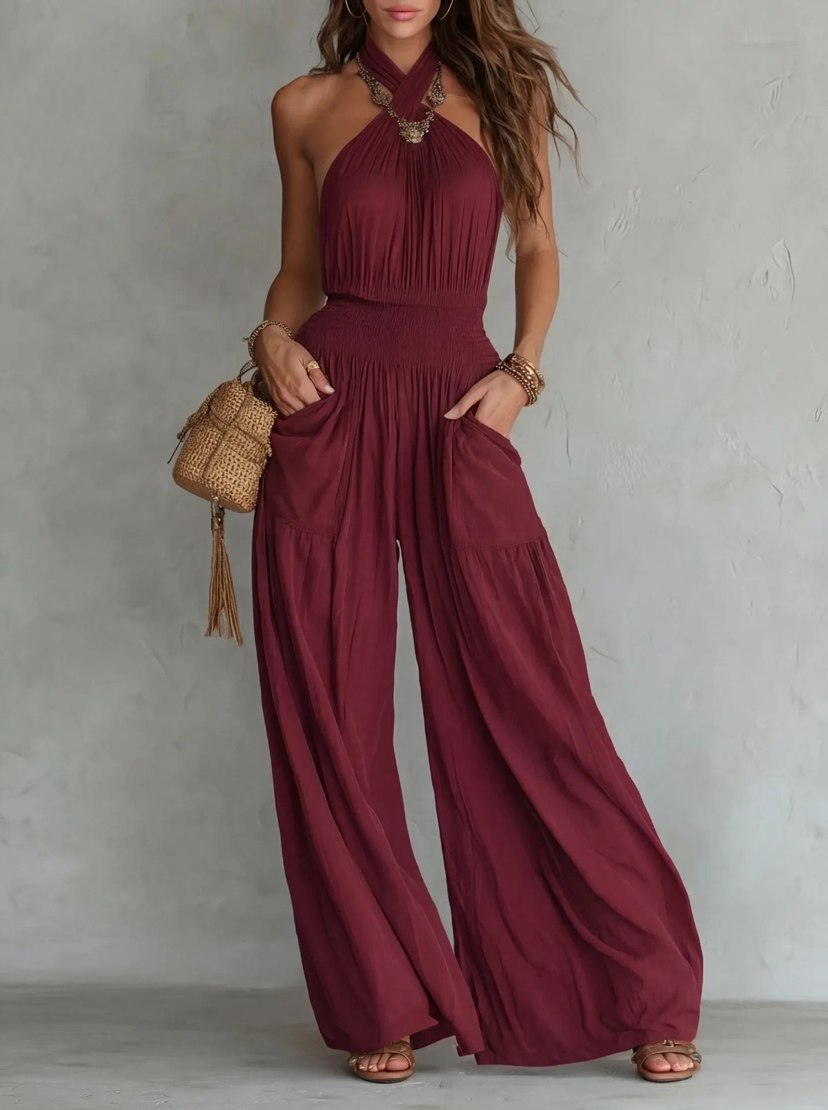 Retro Solid Women's Loose Wide Leg Jumpsuit Fashion Neck Hanging Design Sexy Backless Romper With Pocket Ladies Office Jumpsuits