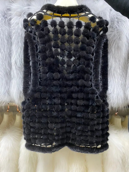 Ms.MinShu Autumn Waistcoat Natural Mink Fur Balls Gilet Sleeveless Hand Made Real Mink Fur Vest