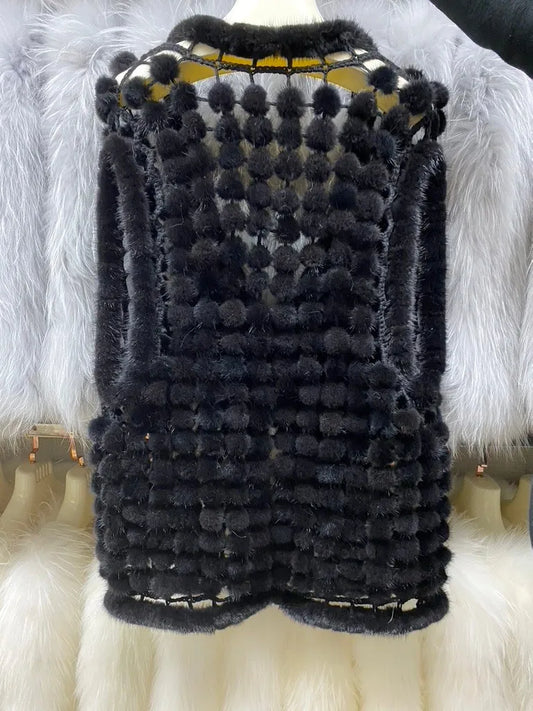 Ms.MinShu Autumn Waistcoat Natural Mink Fur Balls Gilet Sleeveless Hand Made Real Mink Fur Vest