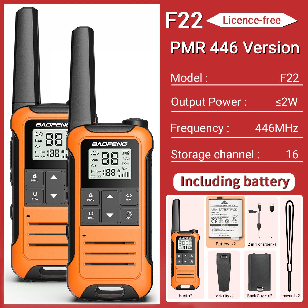 2PCS Baofeng F22 T22 PMR 446MHz Mini Walkie Talkie Waterproof Type-C Licence-free Flashlight Portable Two Way Radio for Hunting
