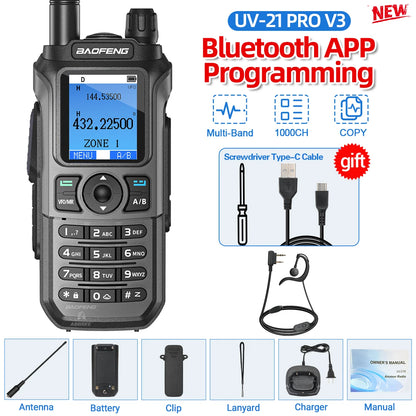 Baofeng UV-21 Pro Walkie Talkie V2 Multi-band Wireless Copy Frequency Waterproof Long Range Type-C Two Way Radio For Camping