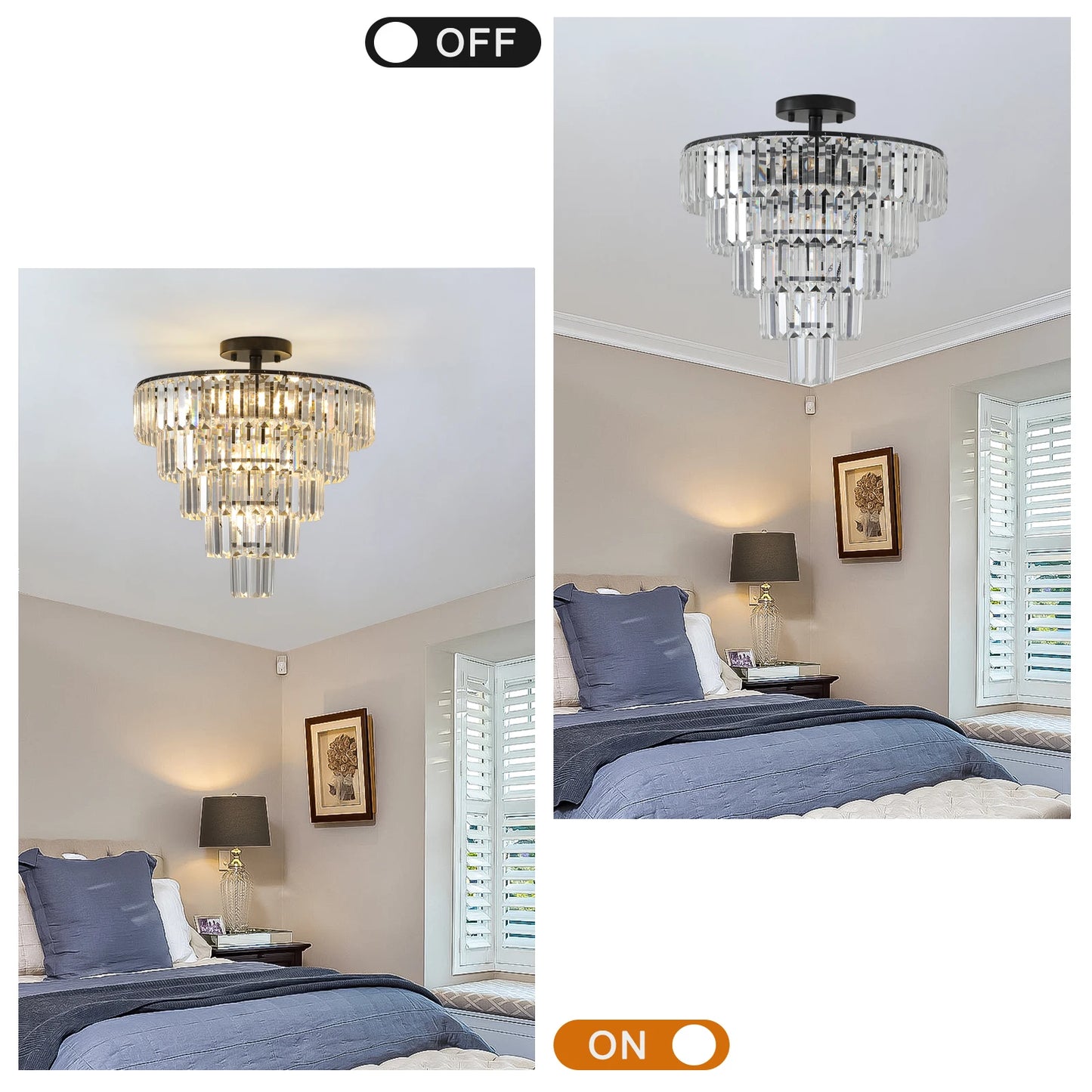 20" Black Crystal Chandelier Ceiling Light, Modern Luxury 10-Light Flush Mount Light Fixture, Elegant Home Lighting