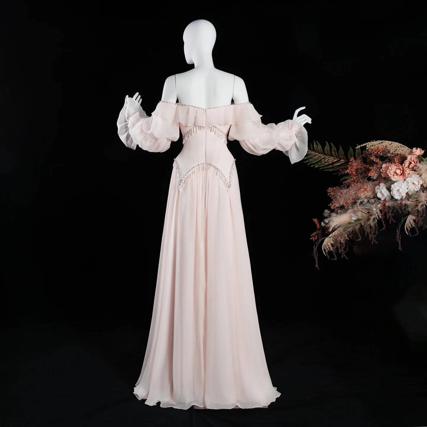 Sharon Said Evening Dresses Luxury A-Line Off Shoulder Chiffon Pearls Crystals Puff Sleeves Wedding Party Gowns SS412 Customized