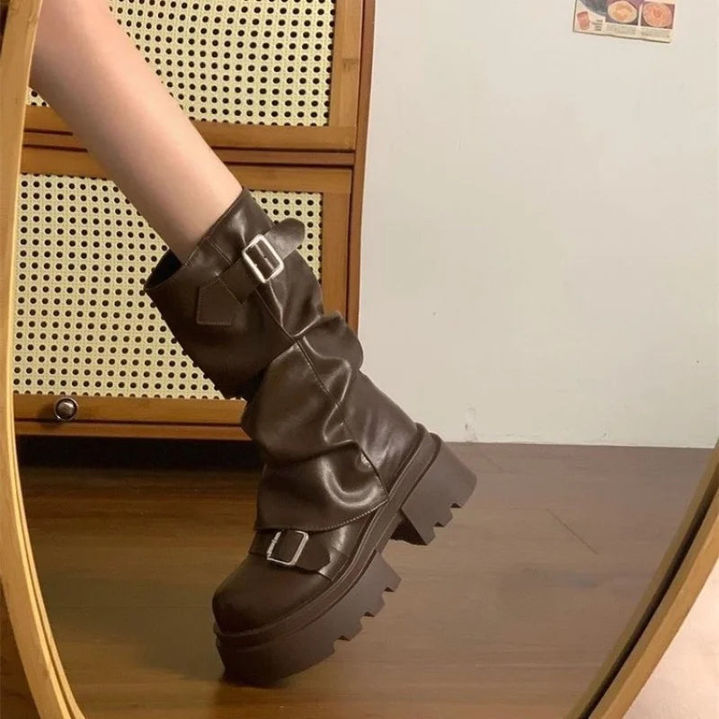Women's Chunky Platform Motorcycle Boots Vintage Slouchy Mid-Calf Biker Shoes Matte Leather Buckle Booties