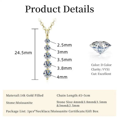 Lnngy Brilliant 5-Stone Moissanite Necklace 14K Gold Filled Long Drop Pendant Necklace for Women Female Jewelry Accessories