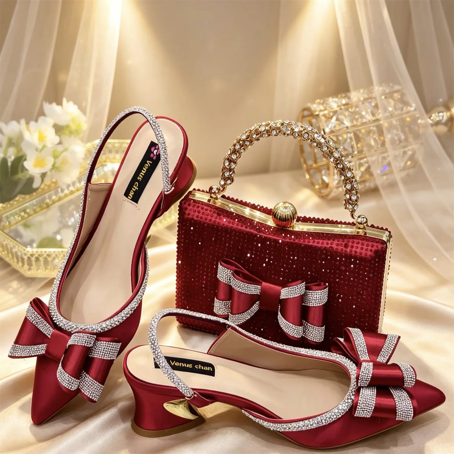 Elegant Gold Satin Rhinestone Bow Slingback Heel & Clutch Bag Set, Women Bridal Matching Kit For Wedding Party Evening Prom Form