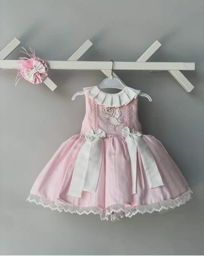 0-12Y Baby Girl Summer Goose Embroidery Pink Vintage Princess Ball Gown Dress for Party Eid Birthday Photography Casual  B96