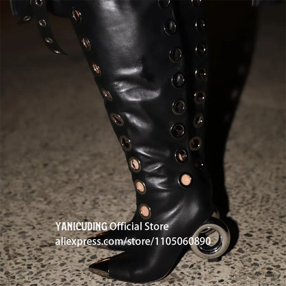 Novelty Circle Heel Knee High Boots Metal Pointed Toe Multiple Eyelet Boots Customizable Multi-color High Heeled Boots for Women