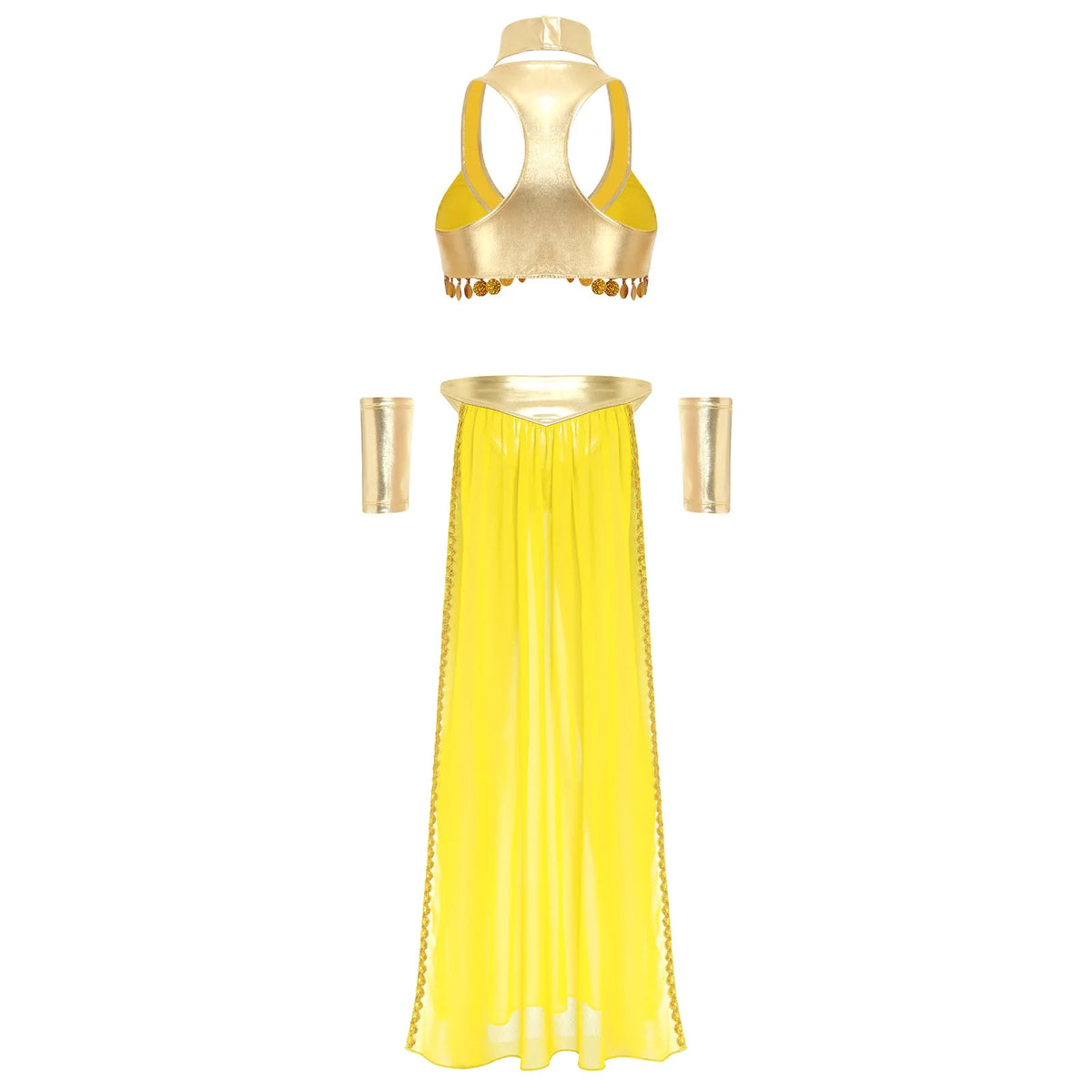Women Ancient Egyptian Queen Cosplay Outfits with Collar Crop Top with Chiffon Skirt Metallic Shiny Indian Belly Dance