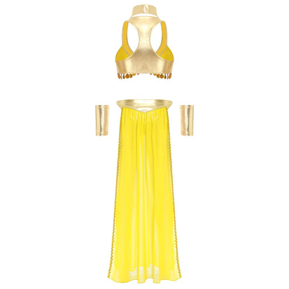 Women Ancient Egyptian Queen Cosplay Outfits with Collar Crop Top with Chiffon Skirt Metallic Shiny Indian Belly Dance