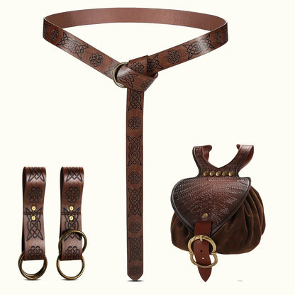 Renaissance Costume Accessories Medieval Retro Leather Waist Belt Leaf-Patterned Coin Purse Magic Potion Bottle Skirt Hike Clip Set for LARP&Cosplay