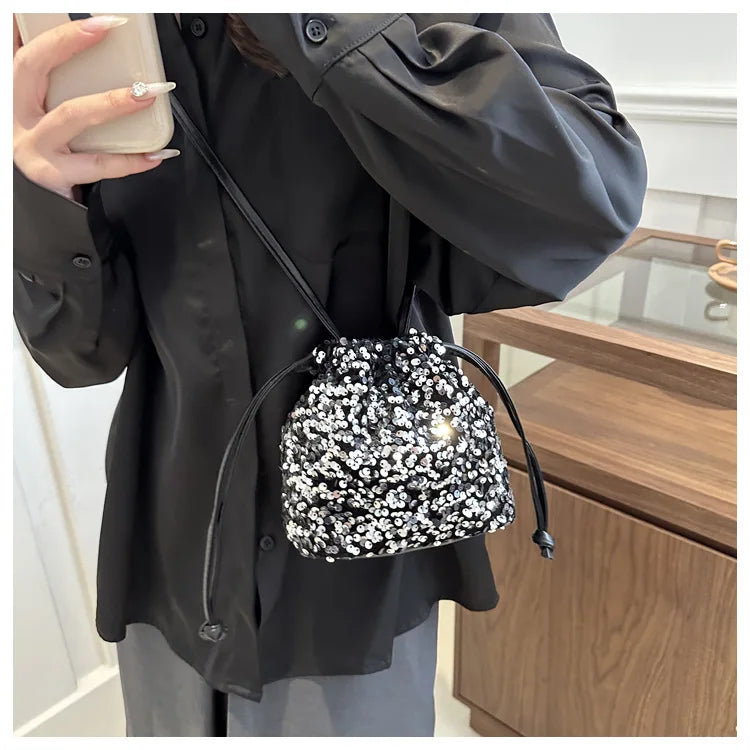 Shiny Sequin Drawstring Shoulder Bags for Women, Mini Crossbody Purse ,Sparkly Evening Handbag Suitable for Party Night Out