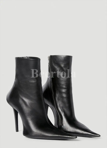 Black Leather Pointed Toe Ankle Boots Woman High Heels Stiletto Side Shaped Zipper Knee-High Boots Lady Sexy Boots
