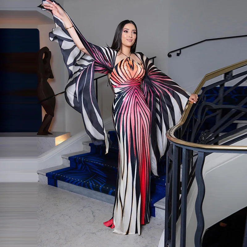 Chic Gradient Stripe Halter Dress Women Butterfly Sleeve Backless Slim Floor-length Dresses 2026 New Lady Party Evening Gown ﻿