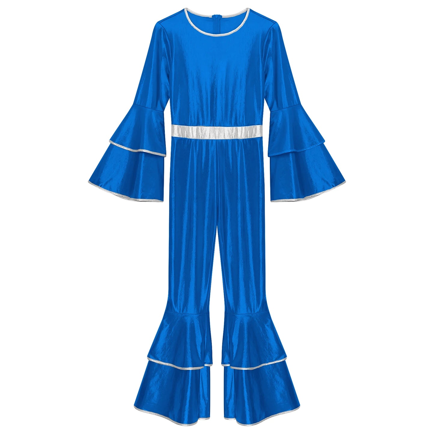 Womens 70S Disco Vintage Jumpsuit Metallic Shiny Flare Sleeve Bodysuit Hippie Bell Bottom Jazz Dance Carnival Rave Party Costume