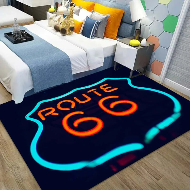 Route 66 Motorcycle Pattern Print Flannel Area Rug Americana Theme Soft Comfortable Floor Mat For Living Room Bedroom