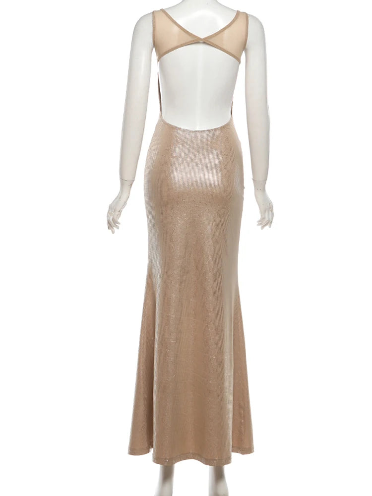 Nibber Low-Neck print Stretch Backless Sequin Dress Women Sexy Sleeveless Skinny Elegant Fashion Party chic Club Maxi Bodycon
