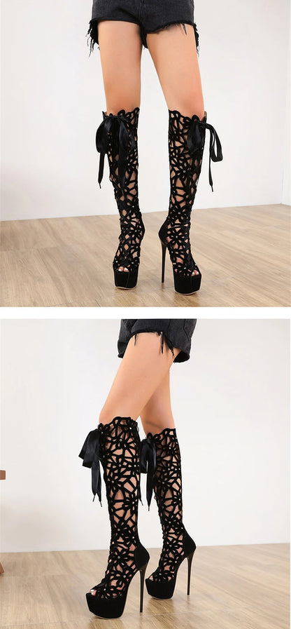 16CM Ultra Thin High Heels Sexy Nightclub Hollow Out Over The Knee Boots Women Peep Toe Lace-Up Zip Platform Shoes Sandals