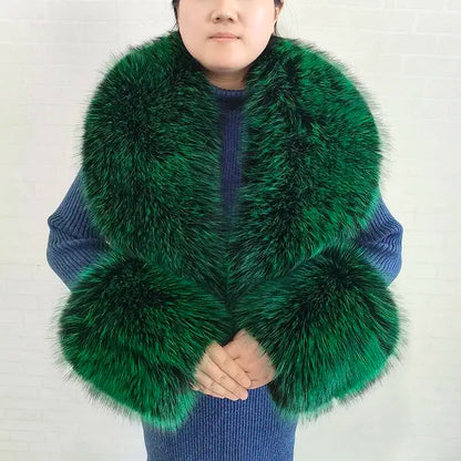 Large Women Faux Fox Fur Scarf Winter Jackets Warm Fluffy Shawl Fashion Artificial Fur Collar And Cuff Set Fluffy Scarves Female