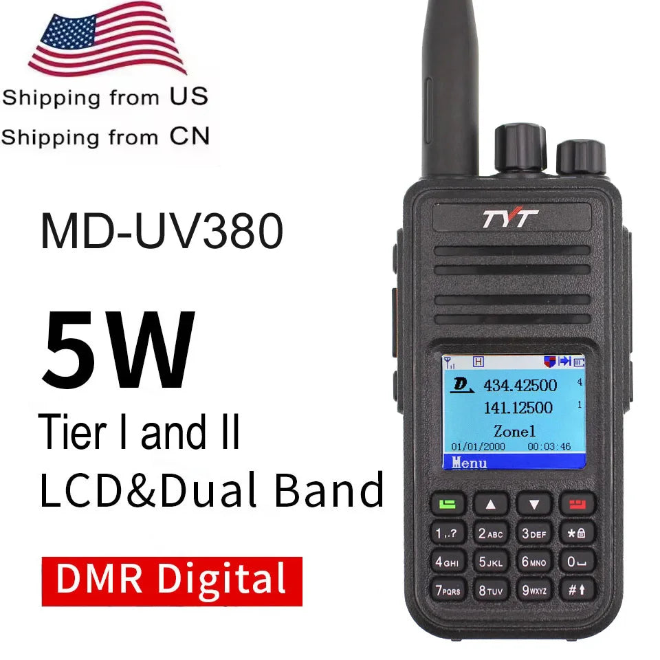 TYT MD-UV380 DMR Digital Two Way Radio Dual Band 136-174Mhz & 400-480MHz MD-380 Dual Time Slot Transceiver Walkie Talkie + USB