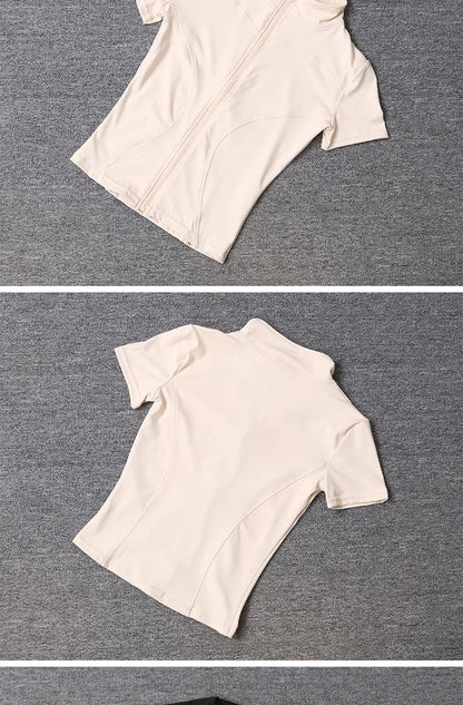 Summer High Quality Waist Slimming Training Tops Women's Quick-drying Tight Stand Collar Full Zipper Short Sleeves Yoga Shirts